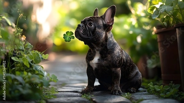 Obraz A brindle French bulldog sniffing a four-leaf clover it holds sitting on a cobblestone path surrounded by greenery.