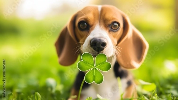 Obraz A cheerful beagle sitting on fresh grass holding a bright four-leaf clover while sniffing with a curious expression.