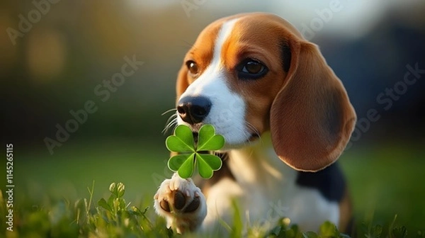Obraz A cheerful beagle sitting on fresh grass holding a bright four-leaf clover while sniffing with a curious expression.