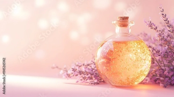 Obraz A single round glass bottle filled with a golden oil blend copper flakes and lavender flowers glowing under soft light on a pastel pink surface.