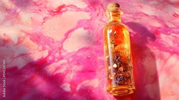 Obraz A single tall glass bottle of oil with a mixture of copper flakes and lavender buds placed elegantly on a bright pink marble surface.