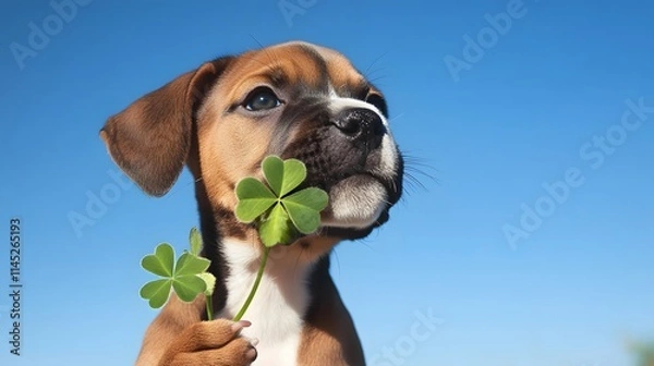 Obraz A cheerful boxer puppy proudly holding a four-leaf clover in its teeth sniffing against the backdrop of a clear blue sky.
