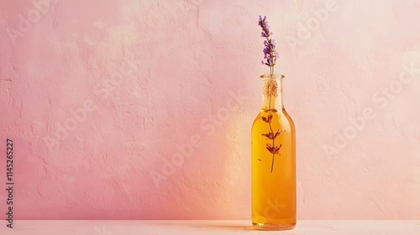 Obraz A single tall glass bottle with golden oil floating copper flakes and a lavender sprig inside positioned against a textured dusty pink wall.
