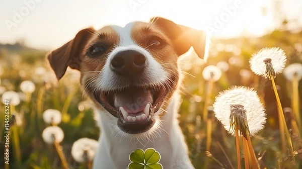 Obraz A cheerful Jack Russell terrier proudly holding a four-leaf clover sniffing happily amidst a field of dandelions.