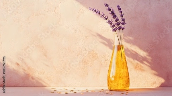 Obraz A single tall glass bottle with golden oil floating copper flakes and a lavender sprig inside positioned against a textured dusty pink wall.