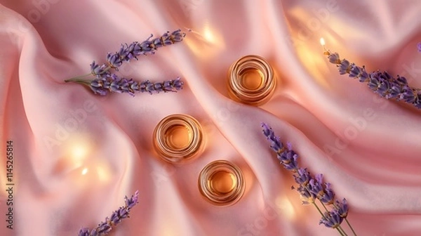 Obraz A soft and luxurious composition of small glass vials filled with copper-infused oil and lavender surrounded by gold accents on a blush pink silk backdrop.