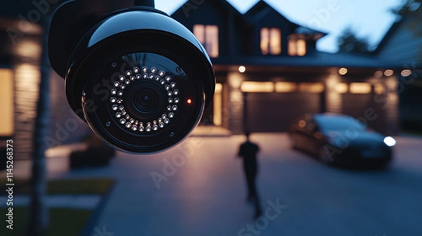 Fototapeta Closeup of a black electronic security camera placed in front of the house, recording and monitoring, blurred thief or burglar in black clothes blurred, house protection, movement tracking outside.