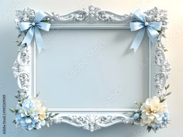 Fototapeta Elegant Blue Floral Frame with Ribbons on Soft Background

