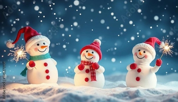 Obraz Festive Snowmen with Sparklers Winter Wonderland Christmas Cheer