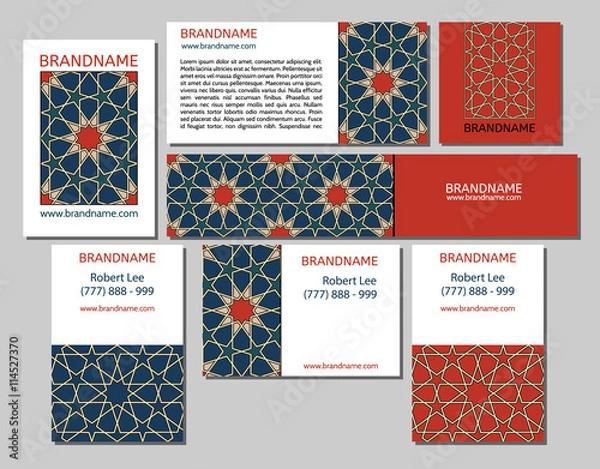 Fototapeta Cards collection, delicate geometric stars pattern. Vector background. Business Card or invitation. Vintage decorative elements. Hand drawn background. Islam, arabic, indian, ottoman motifs