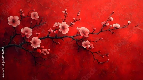 Fototapeta Vibrant Cherry Blossom Branches on a Textured Red Canvas