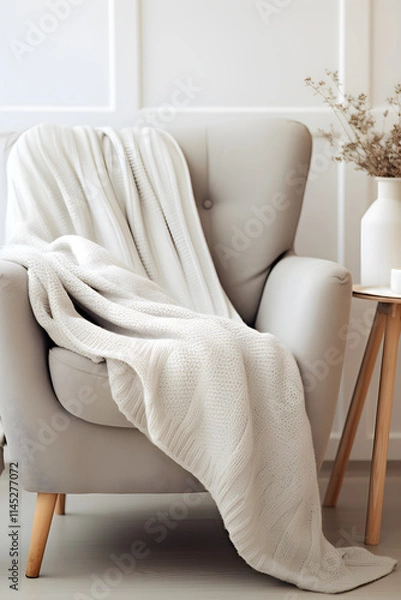 Fototapeta Warm and Cozy Blanket Draped on Armchair Creating Inviting Living Space