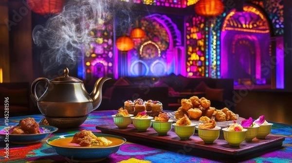 Fototapeta A chai tea setup featuring a steaming kettle, small ceramic cups, and a platter of Indian snacks, placed on a colorful tablecloth. The background showcases vibrant Indian decor. 