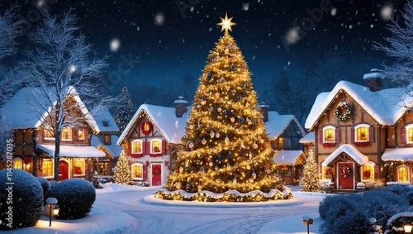 Fototapeta Picturesque winter village scene at night in christmas vibes with tree and decoration