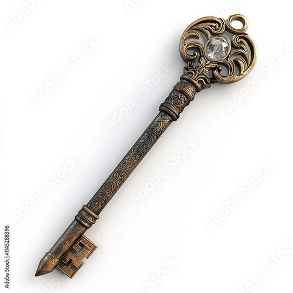 Fototapeta 3D antique key with intricate runic engravings along the shaft and a glowing crystal embedded in the handle. Metallic texture   clean lines isolated on white background