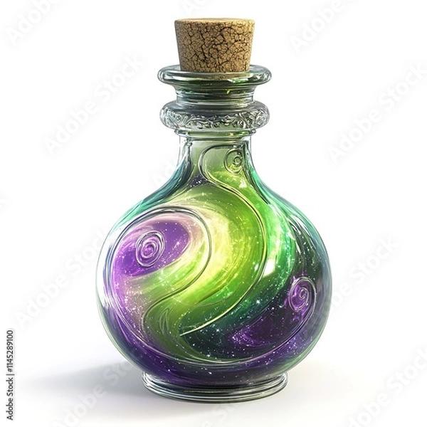 Obraz 3D glass potion bottle filled with a sparkling, swirling liquid in shades of neon green and purple.   clean lines isolated on white background