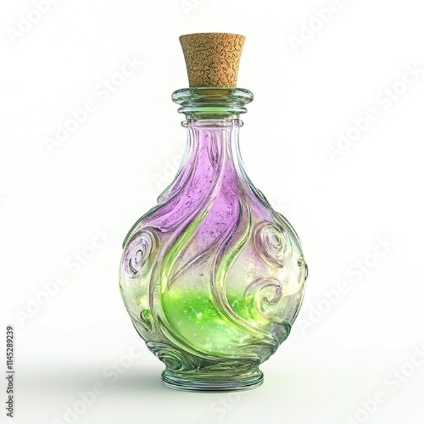Obraz 3D glass potion bottle filled with a sparkling, swirling liquid in shades of neon green and purple.    clean lines isolated on white background