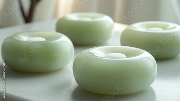 Obraz Four smooth, green, circular objects arranged on a table, possibly decorative or functional.