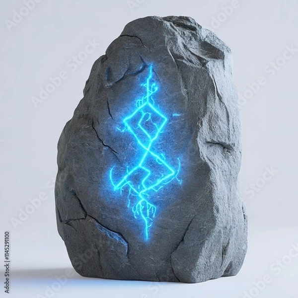 Fototapeta 3D rugged stone with glowing runic carvings emitting a soft blue light. The surface of the stone is weathered and textured. Clean white background, 