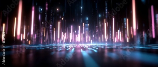 Fototapeta Abstract digital landscape with glowing vertical lines and reflections.