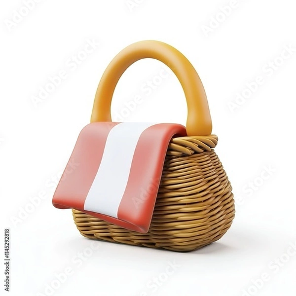 Fototapeta 3D icon of a woven picnic basket with a red-and-white cloth draping out, clean lines isolated on white background