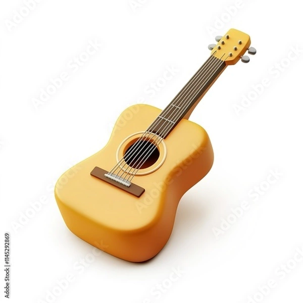 Fototapeta 3D icon of an acoustic guitar, smooth curves, simplified strings isolated on white background
