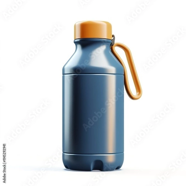 Fototapeta 3D icon of a metallic blue water bottle with a loop cap, streamlined, smooth finish,  isolated on white background