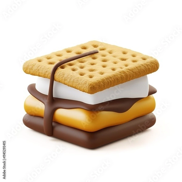 Fototapeta 3D icon of a s’mores sandwich, simplified layers of graham cracker, chocolate, and marshmallow, clean lines isolated on white background