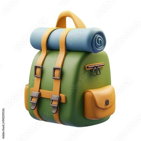 Fototapeta 
3D icon of a detailed camping backpack, green body, blue rolled-up sleeping bag on top, straps and zippers clearly defined,  isolated on white background