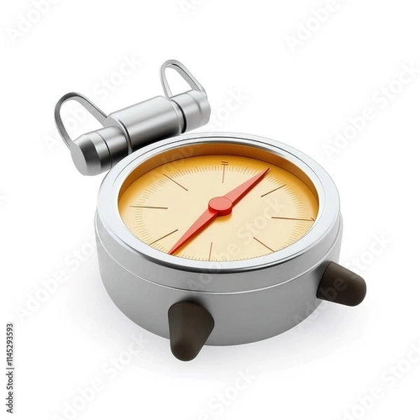 Fototapeta 3D icon of a round silver compass, marked cardinal directions, red needle pointing north, glass-like finish isolated on white background