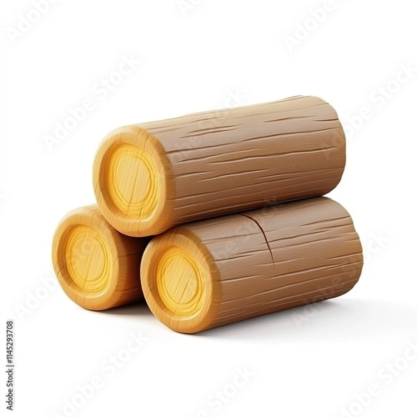 Fototapeta 3D icon of stacked wooden logs, smooth wood grain texture, minimalist design isolated on white background