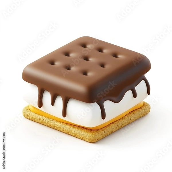 Fototapeta 3D icon of a s’mores sandwich, simplified layers of graham cracker, chocolate, and marshmallow, clean lines isolated on white background