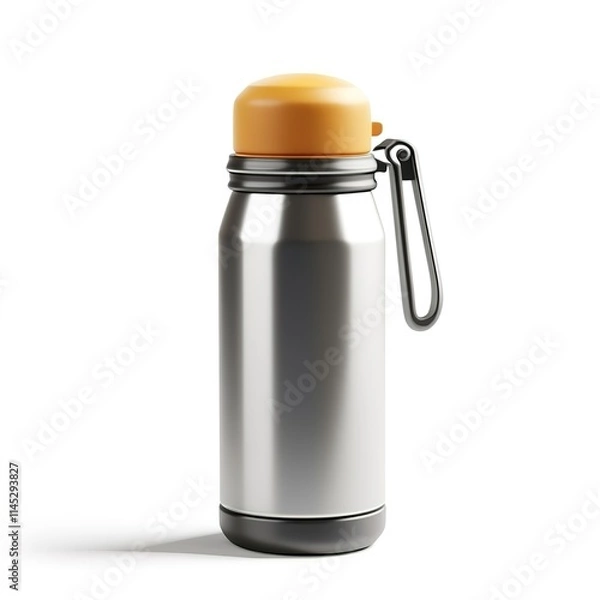 Fototapeta 
3D icon of a shiny stainless steel thermos, cup lid slightly unscrewed, simplified design, isolated on white background