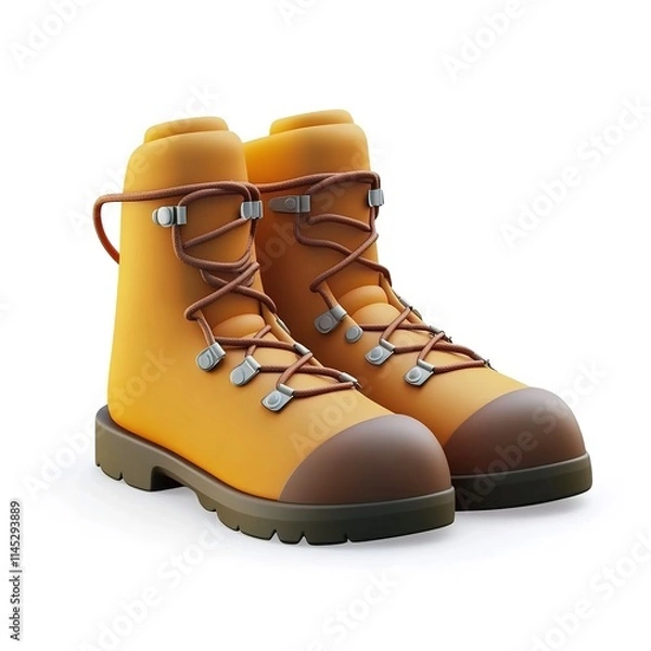 Fototapeta 3D icon of brown hiking boots with detailed laces and soles, clean and simplified isolated on white background
