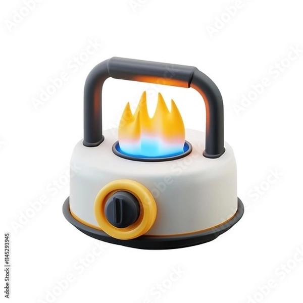Fototapeta 3D icon of a propane camp stove, lit burner with simple blue flame, clean design isolated on white background isolated on white background