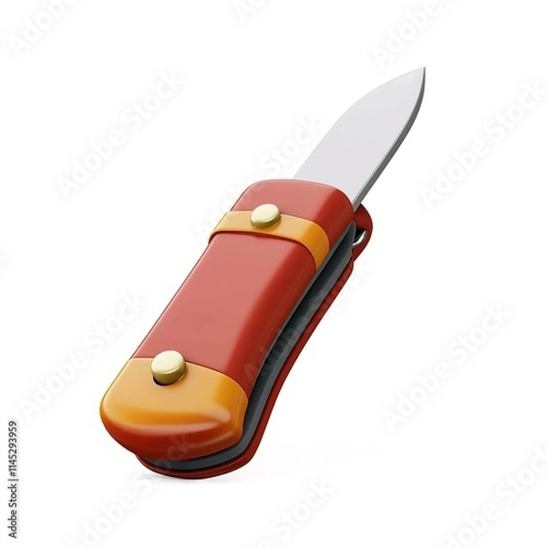 Fototapeta 3D icon of a red foldable pocket knife, blades extended, glossy finish, simplified design isolated on white background