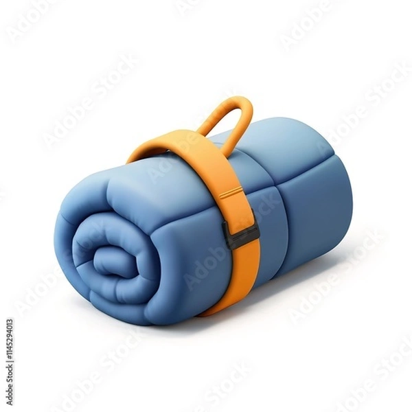 Fototapeta 3D icon of a rolled-up blue sleeping bag, soft padded texture, with a strap holding it, isolated on white background
