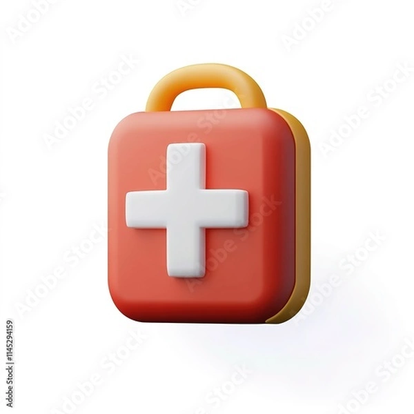 Fototapeta 3D icon of a red first aid kit with a white cross, smooth edges, clean design isolated on white background