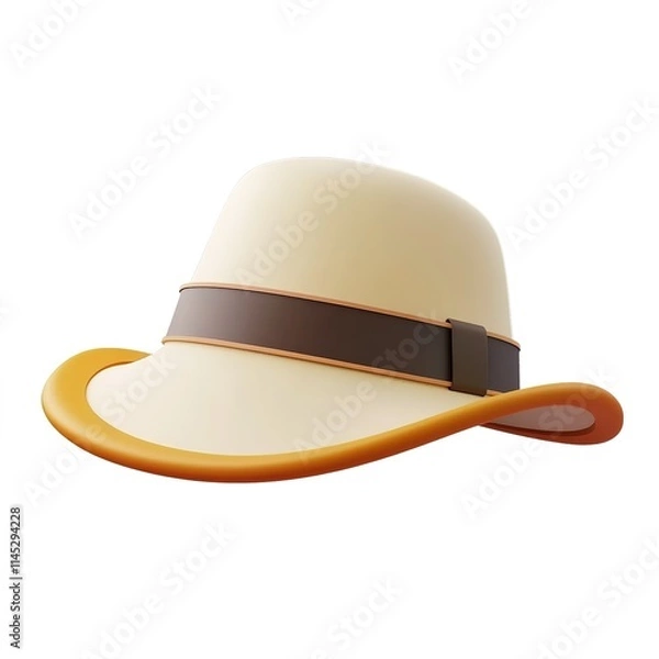 Fototapeta 3D icon of a beige wide-brimmed sun hat with a sleek brown band, simplified and clean isolated on white background