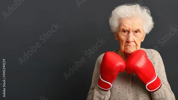 Obraz An elderly woman stands strong in a boxing ring, donning red gloves, prepared to embrace the challenge ahead.