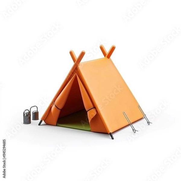 Fototapeta 
3D icon of a triangular camping tent, bright orange fabric with smooth seams and stakes, clean minimalist look isolated on white background