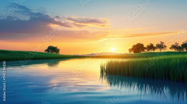 Fototapeta Experience the serene beauty of a tranquil lake at sunset, where vibrant hues create an idyllic outdoor escape.