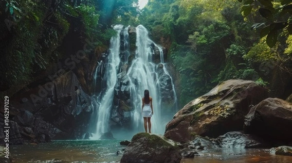 Fototapeta Waterfall (Saithip Waterfall) with stone of green moss in autumn forest