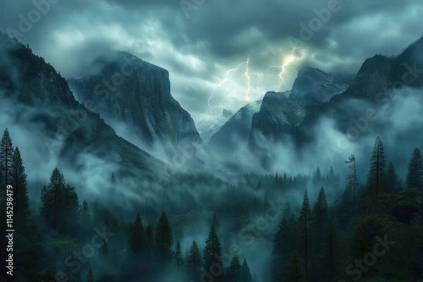 Fototapeta Dramatic thunderstorm over misty mountains with lightning illuminating the dark sky