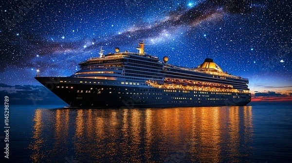 Fototapeta Illuminated cruise ship at night under a starry sky.