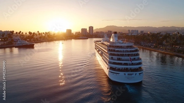 Obraz A cruise ship sailing into the sunset near a coastal city.