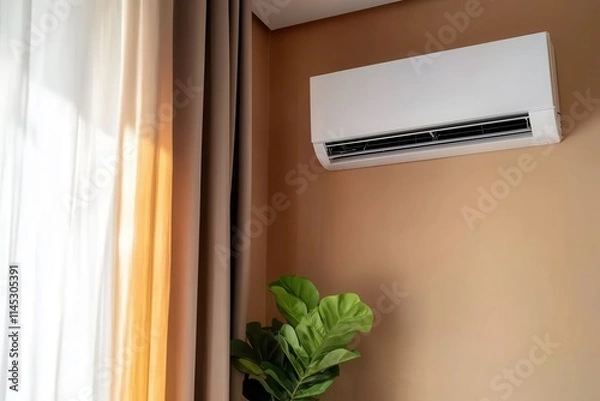 Fototapeta A well-decorated room features a modern air conditioner on a warm-toned wall, illuminated by natural light alongside curtains, symbolizing comfort and efficiency.