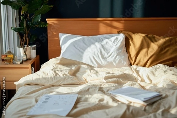 Fototapeta A peaceful and inviting bedroom with sunlight streaming in, complemented by green plants and open books, creating a mood of tranquility and cozy relaxation.