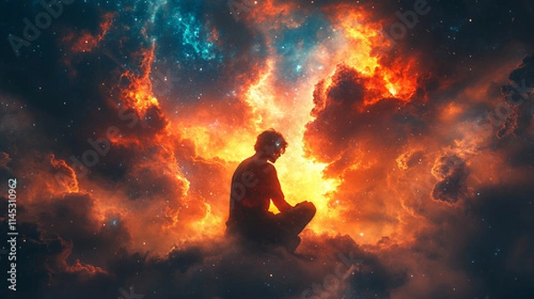 Obraz grateful man prays to God at dawn, facing the galaxy sky with a radiant backlight, symbolizing hope, faith, and spiritual connection amidst the vastness of the universe