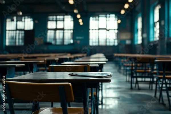 Fototapeta Students prepare for class in an empty classroom with wooden desks and a blue atmosphere during a sunny afternoon